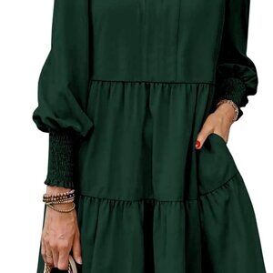 Womens Fall Long Sleeve Tunic Dress Casual V Neck Loose Ruffle Tiered Dress